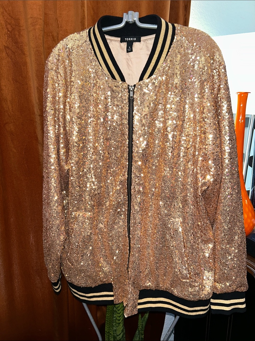 Torrid Gold Sequin Bomber Jacket with Black & Cream Trim